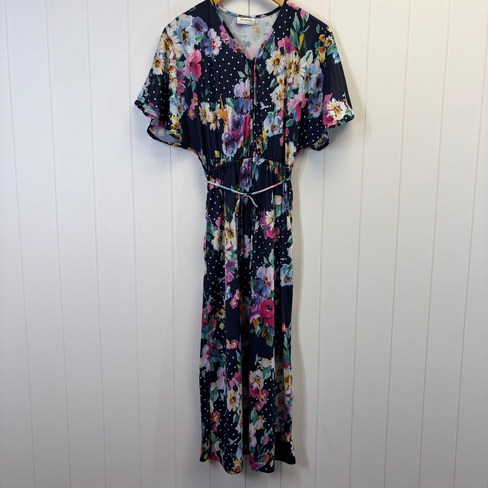 Vintage CW Classics Boho Floral Polka Dot Maxi Dress Womens Size L Cottage Retro